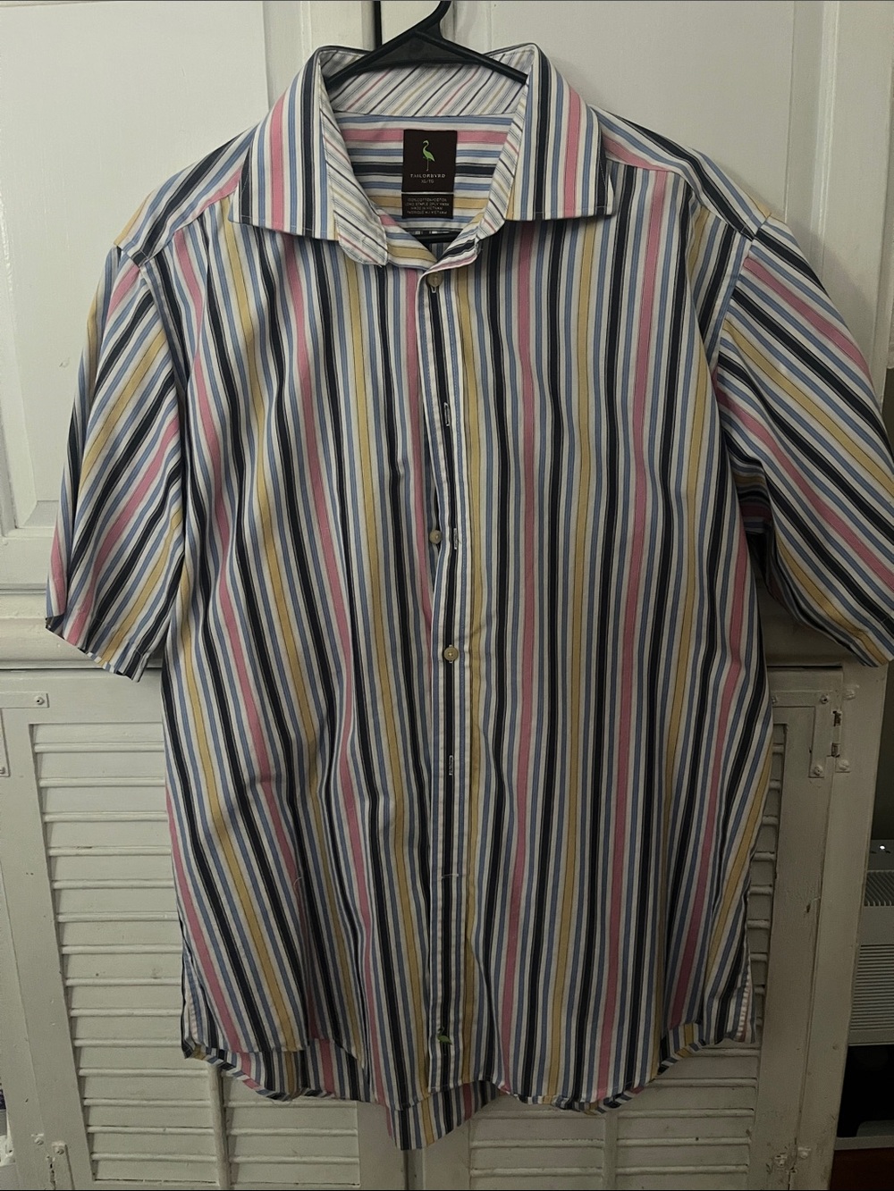 Tailorbyrd Short-Sleeve Button-Up Shirt — Blue, Pink, Yellow, White Stripes